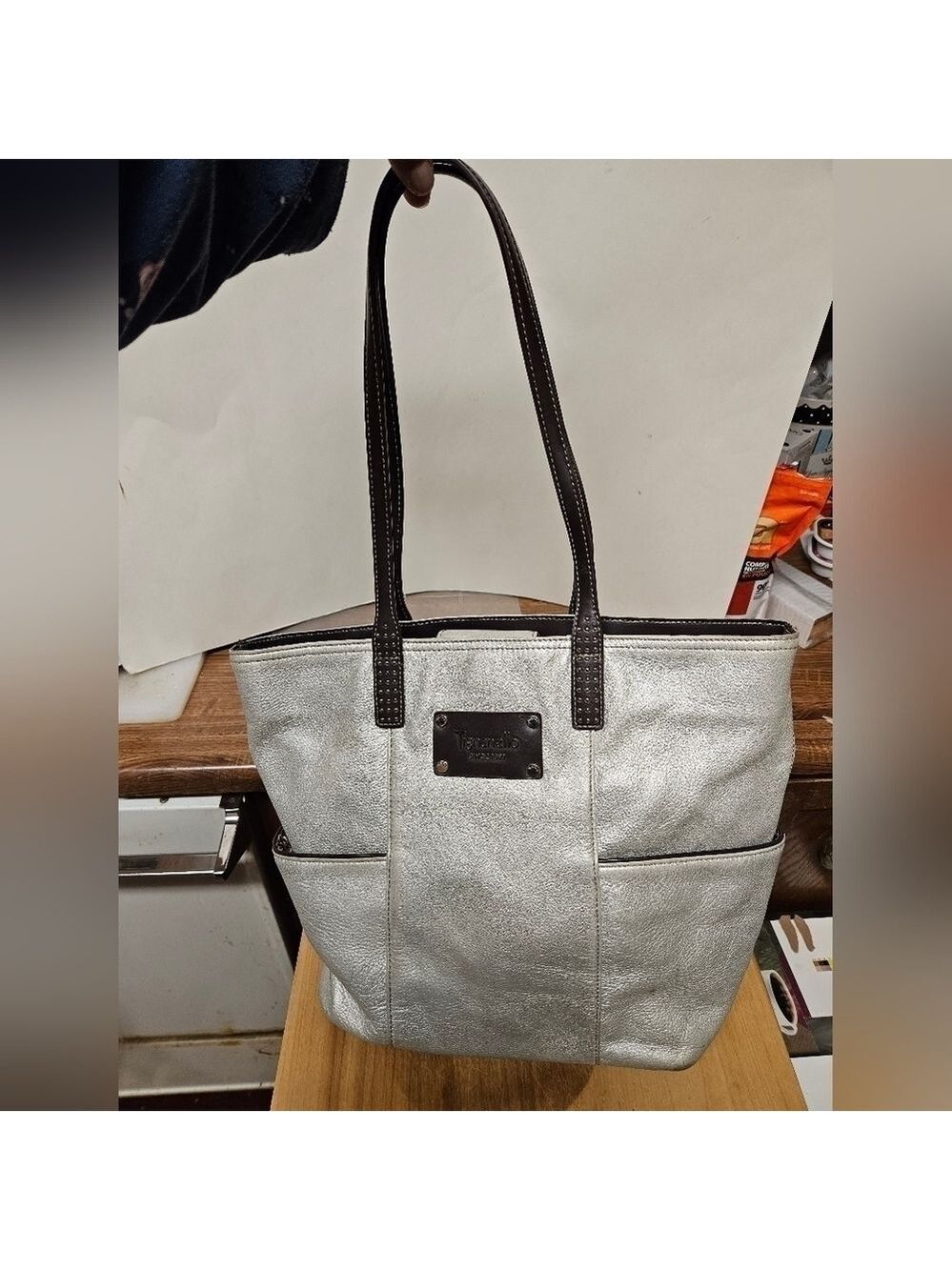 Tignanello Silver Pebbled Leather Shoulder Bag